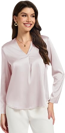 Womens Silk Satin Blouses V Neck Long Sleeve Tops Casual Dressy Shirts