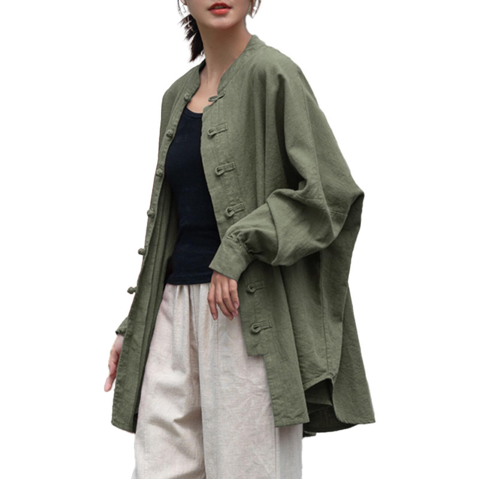 LZJN Women's Linen Shirts Oversized Blouses Vintage Long Sleeve Cropped Jackets Loose fit Chinese Frog Button Cape Trench Tops