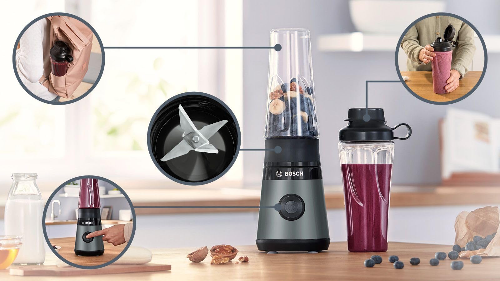 Bosch Serie 2 Frullatore a Immersione MMB2111S, 450 W, 40.000 giri/minuto, Borraccia ToGo 0.6 Litri, Lame in Acciaio Inox, Tappo Borraccia ToGo Incluso, Accessori Lavabili in Lavastoviglie, Argento