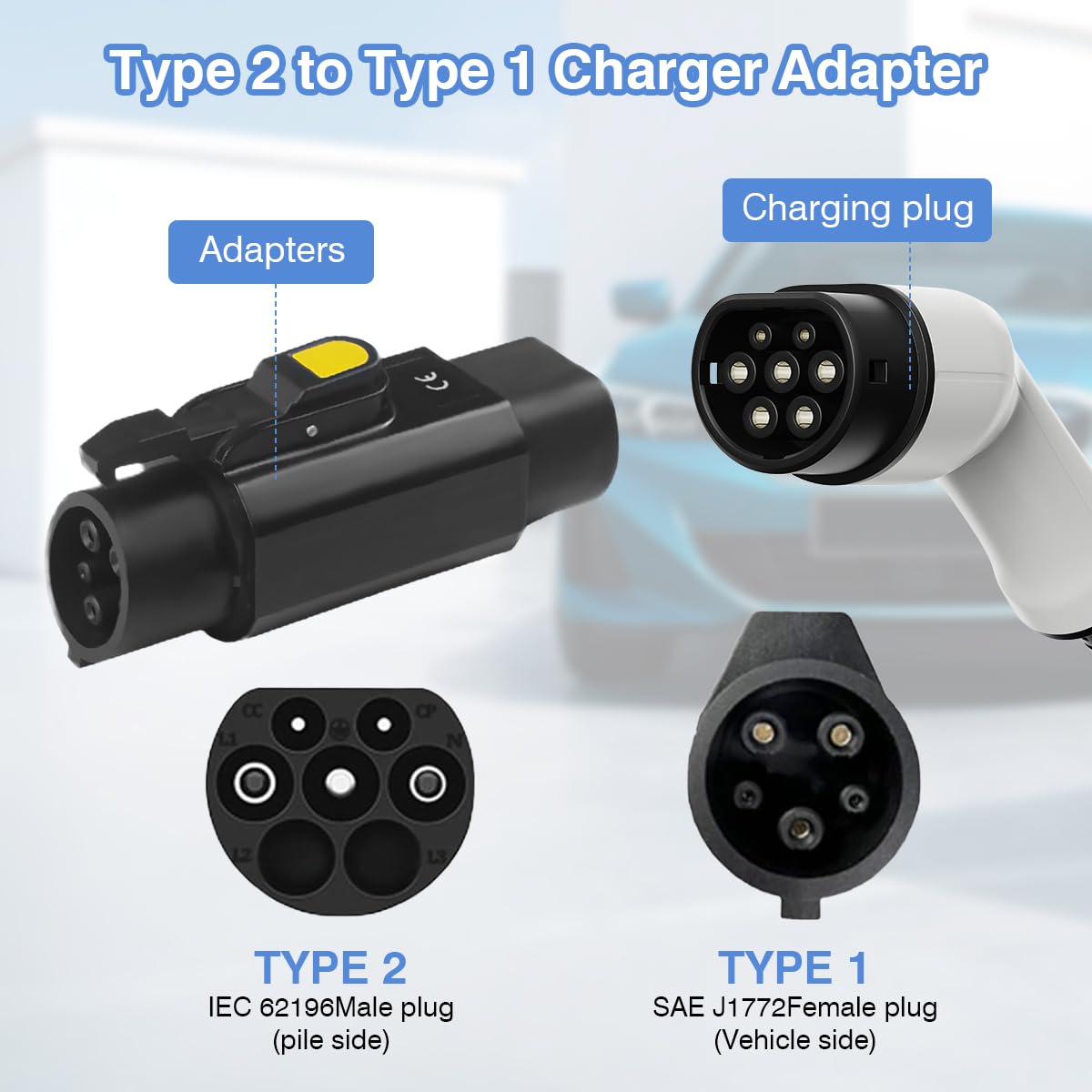 Adattatore EV da Tipo 2 a Tipo 1, Cavo di Ricarica per Veicoli Elettrici Con Clip, 32 A IEC 62196 Maschio a SAE J1772 Femmina Convertitore per Auto