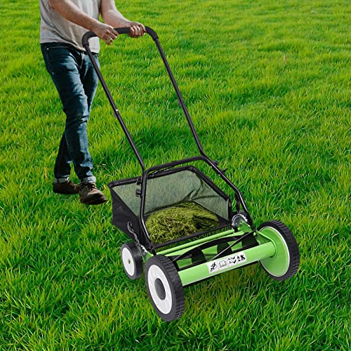 Cortacésped manual con carrete de 16 pulgadas de ancho de corte, ajuste de altura de 9 posiciones, cortacésped de jardín ecológico con recogedor de césped desmontable, ideal para el mantenimiento del