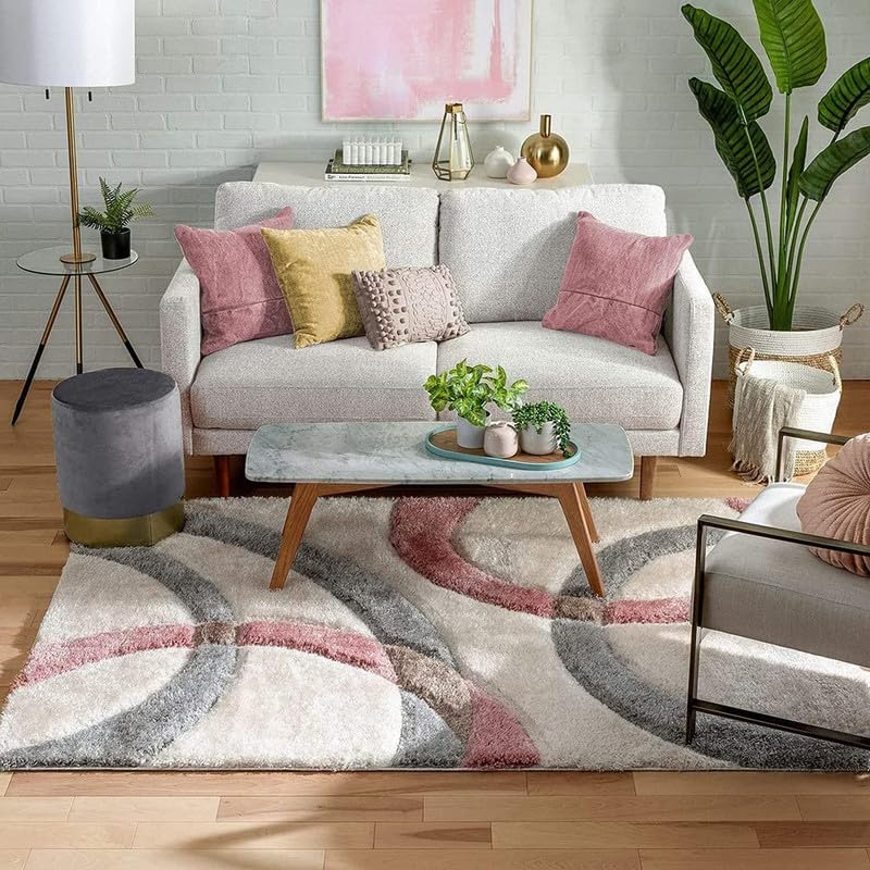 Image of Carpet for Living Room 5X7 FEET Modern Soft Shaggy Carpet Thick, Fluffy & 2 inch Pile Shag Rug for Your Kids Room, Bedroom & Livingroom (White Pink Gray)