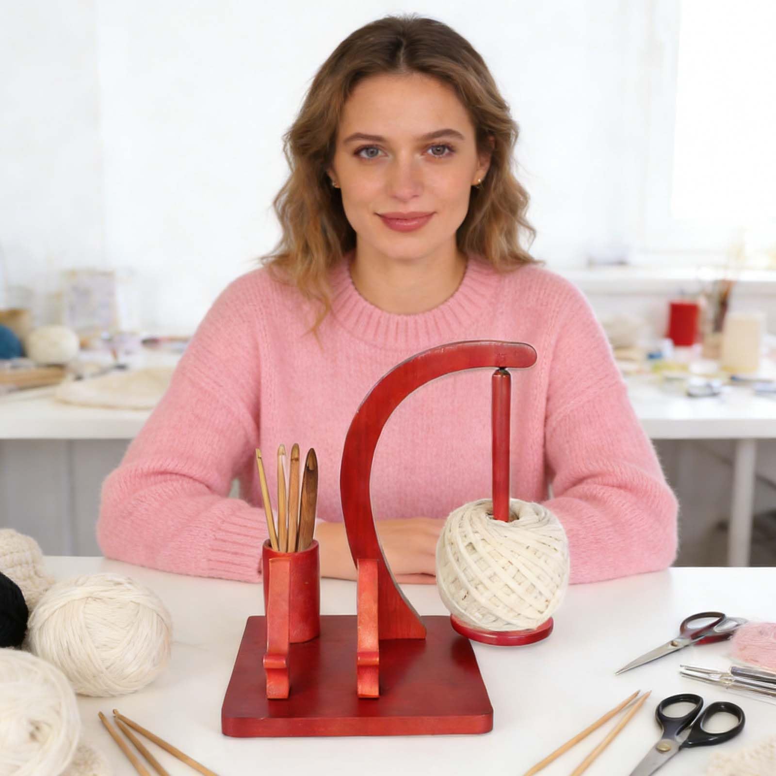 Supporto in Legno per Fili,Porta-Gomitolo con Supporto per Telefono,Magnetico Multifunzionale per Lana, Raccoglitore per Fili da Uncinetto e Lavoro a Maglia