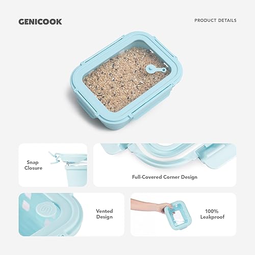 Miniatura 3 de GENICOOK Recipientes de vidrio para almacenamiento de alimentos de 4.4 tazas, paquete de 5, recipientes herméticos para preparación de comidas con