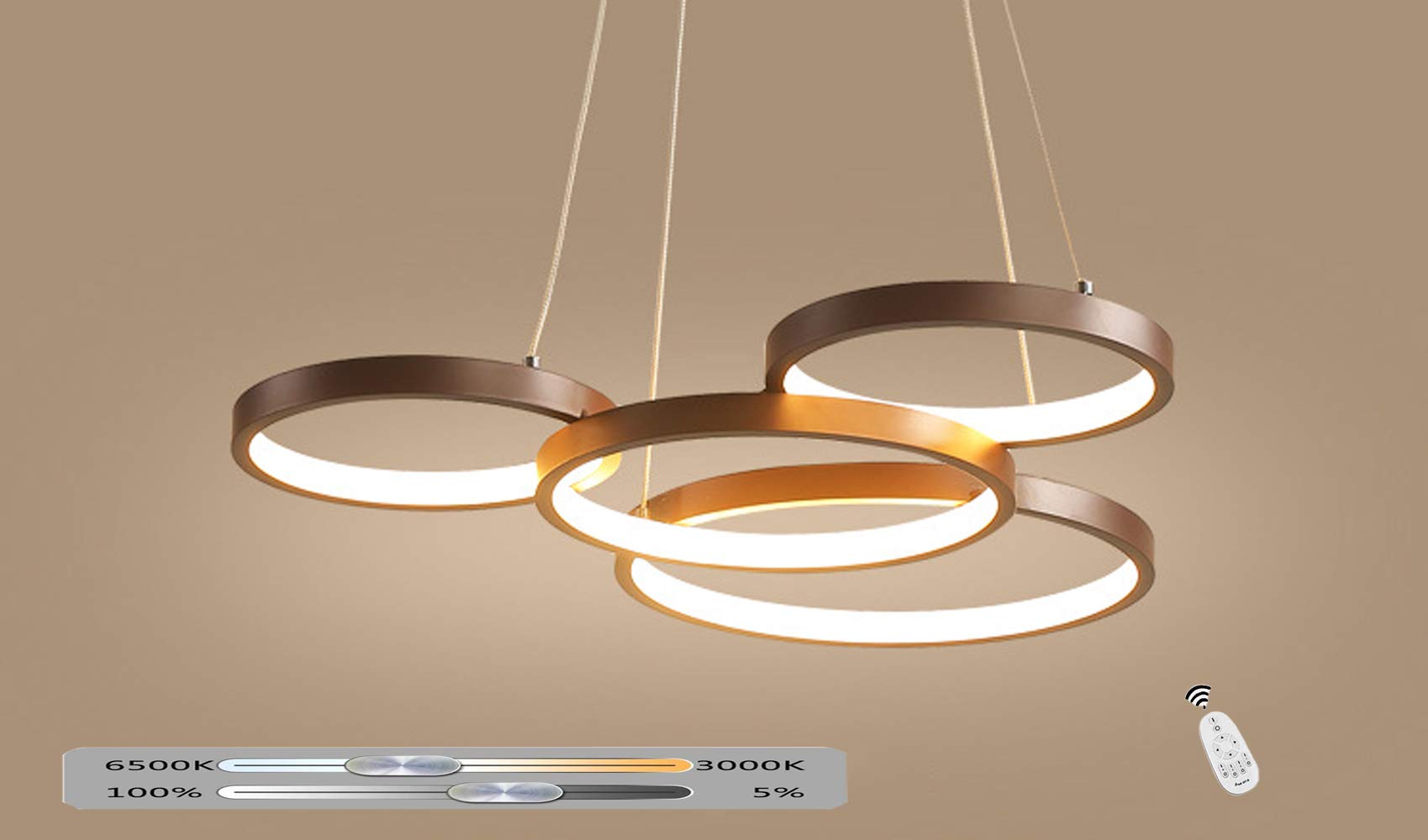 Modern LED Pendant Lamp Living Dining Room 4 Brown Rings Pendant Light Dimmable with Remote Control Chandelier Bedroom Kitchen Iisland Office Table Desk Indoor Lighting Height Adjustable 60*48CM 50W