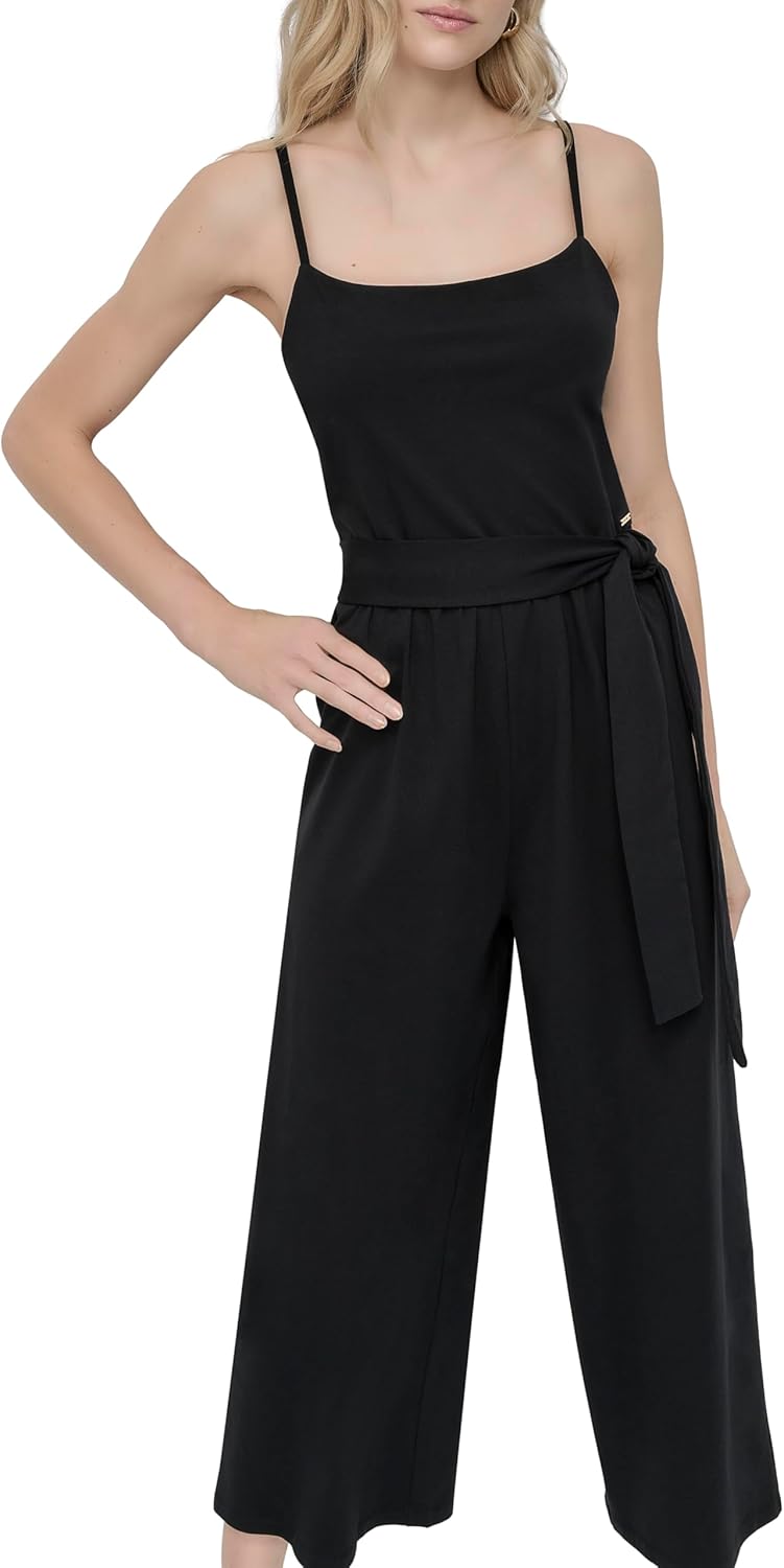 DKNY womens Jewel Neck Wide Leg Cropped Jumpsuit With Removable Belt & Adjustable Straps