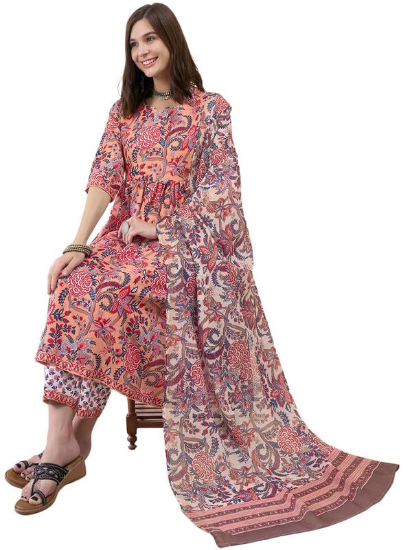 Tee Projekt Women's Cotton Blend Sweetheart Neck Anarkali Kurta Pant With Dupatta Set Pink
