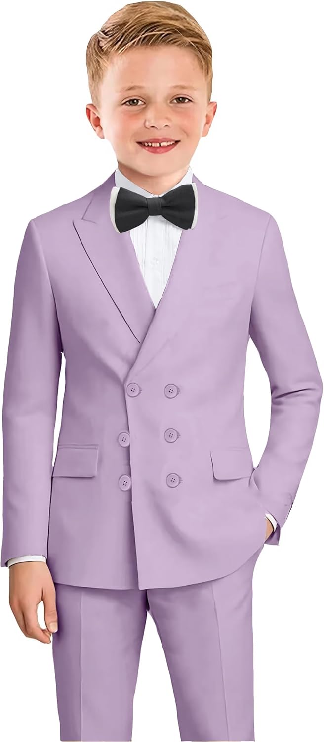 Boys Suit Formal 4 Piece Double Breasted Tuxedo Suits Slim Fit Kids Wedding Outfit Blazer Vest Pants Bow Tie Set