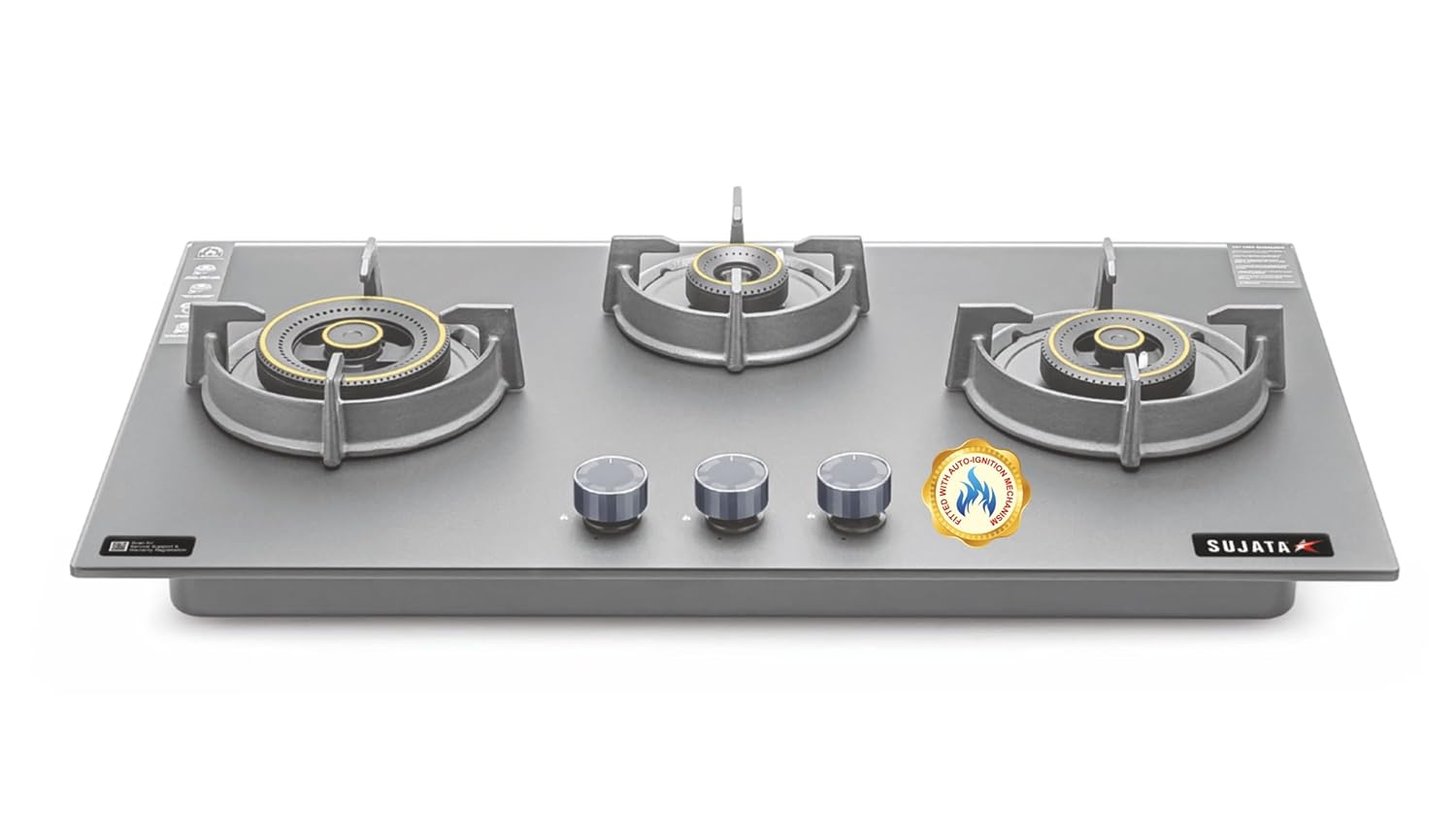Sujata 3 Burner Gas Stove Glass Top | 5 Years Warranty | Auto Ignition Gas Stove 3 Burner, CookTop cum Hob Top 3 Burners, LPG & PNG Compatible, Brass Burner Palladium FFD Auto Ignition