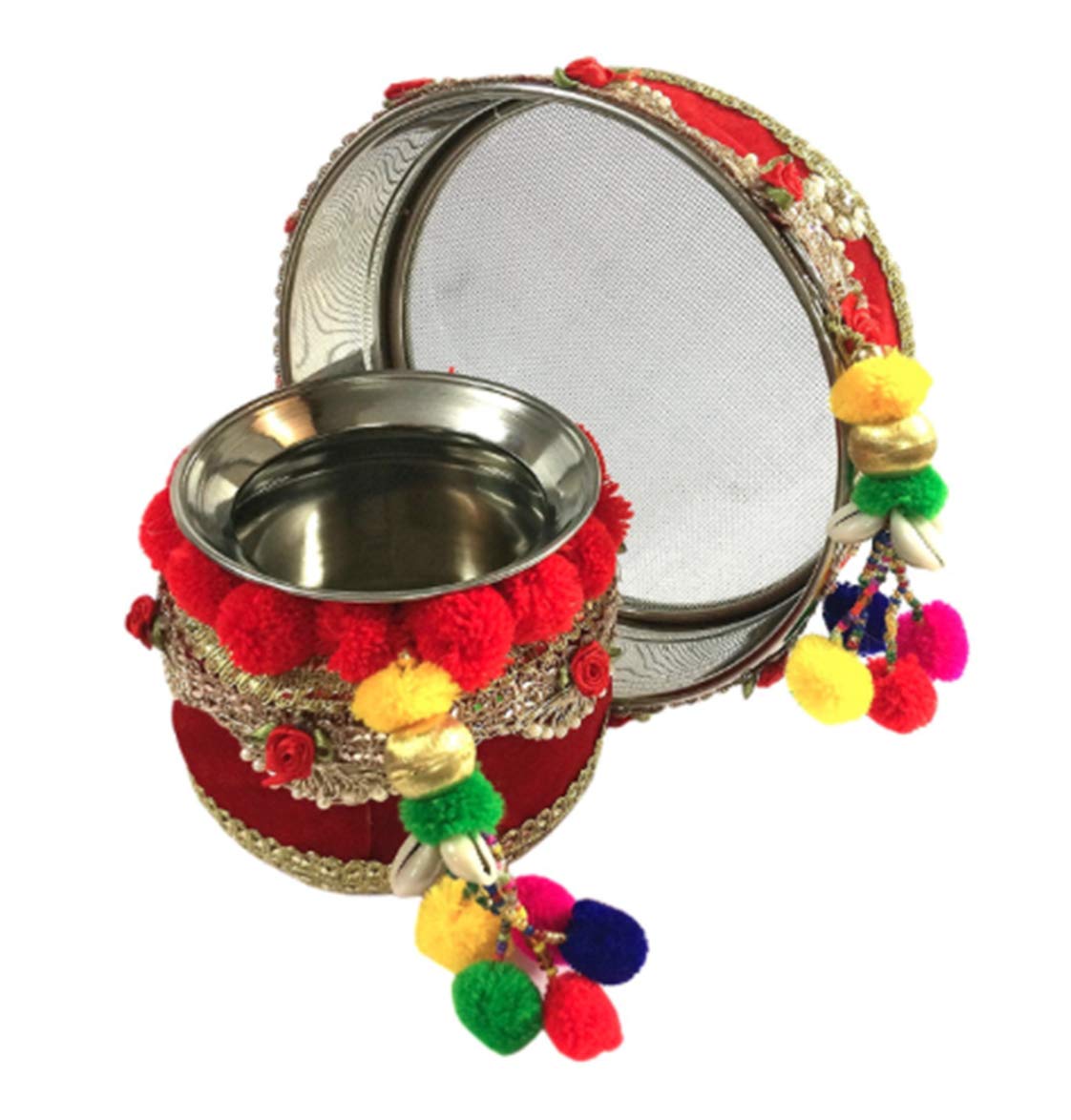 Loops n knots Karwa Chauth Handcrafted Red Pooja Decorative Lota/Pot &Channi/Sieve