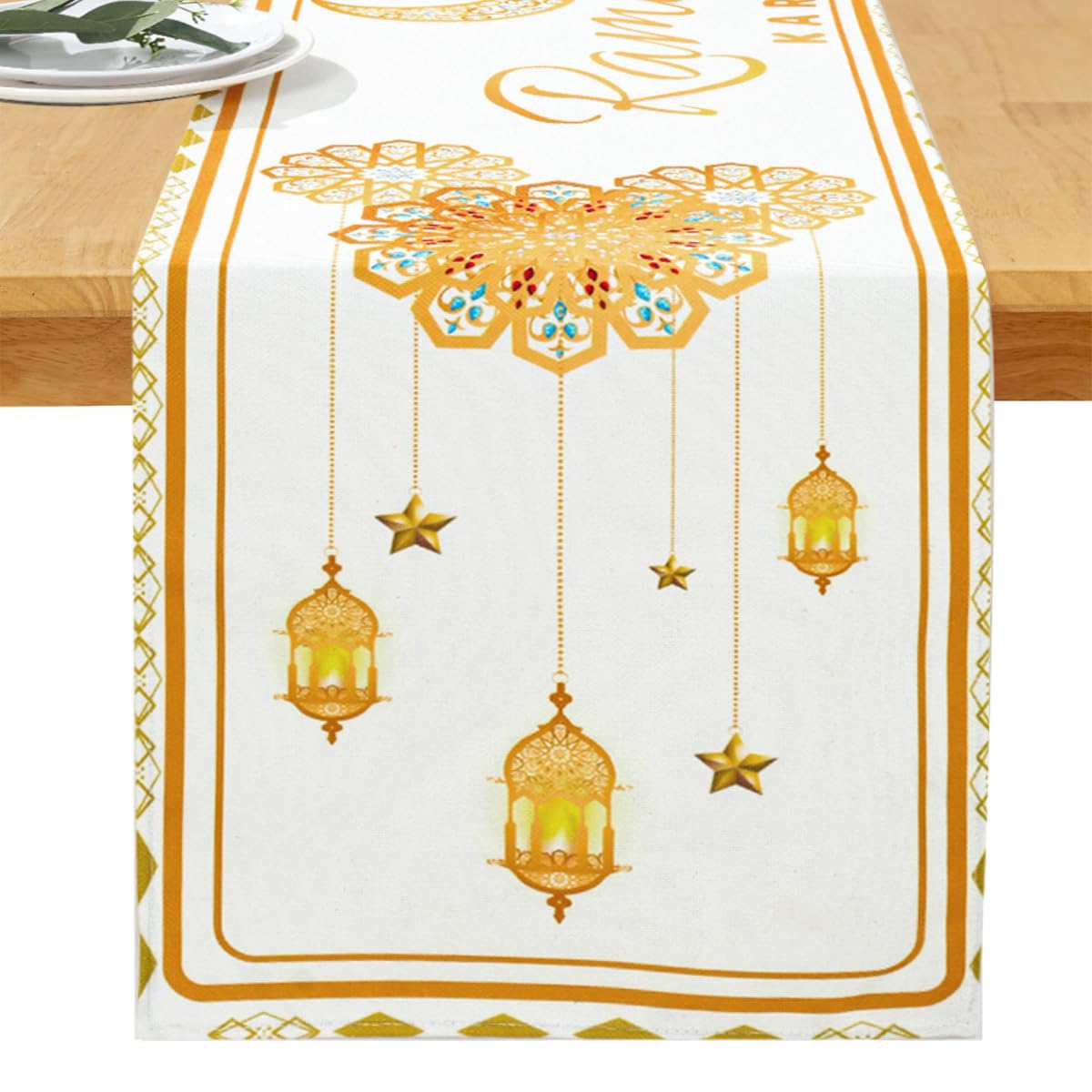 Eid Mubarak Table Runner Decorations,White and Gold Ramadan Mosque Lattern Happy Holiday Kitchen Dining Table Decor for Home Party Supplies 13 x 72 Inch
