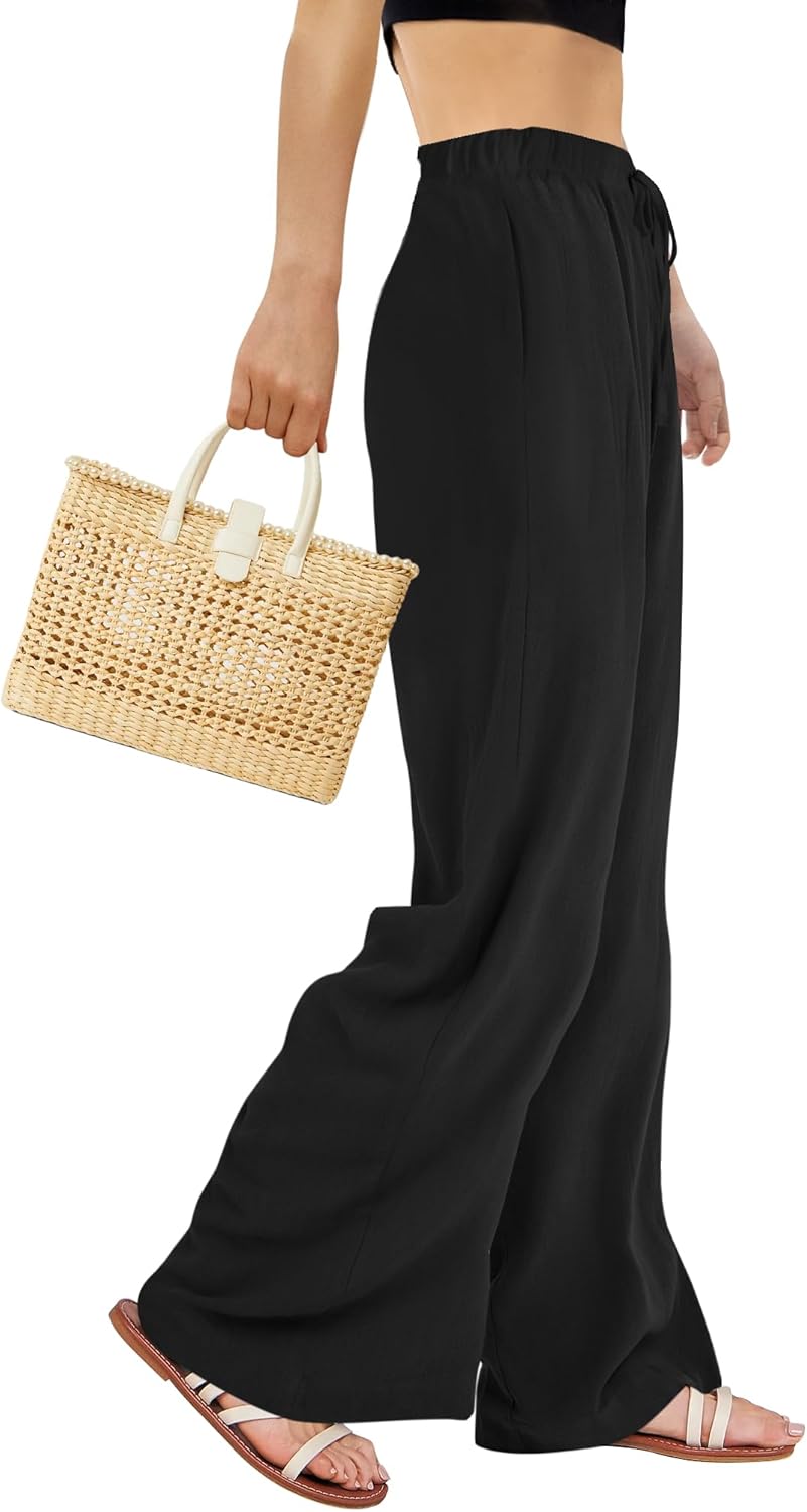 Buauty Plus Size Palazzo Cotton Linen Pants Women Wide Leg Pants Loose Fit Casual Comfy Lounge Flowy High Waist Trousers 2024 Black - Image 2