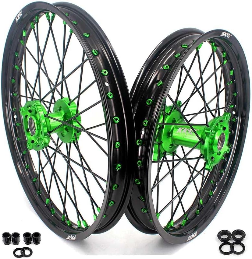 KKE 1.6x21 & 2.15x19" Motorcycle Dirtbike Wheels Rims Set Compatible with KAWASAKI KX250F 2006-2019 KX450F 2006-2018 KX125 KX250 2006-2007 Green Hub