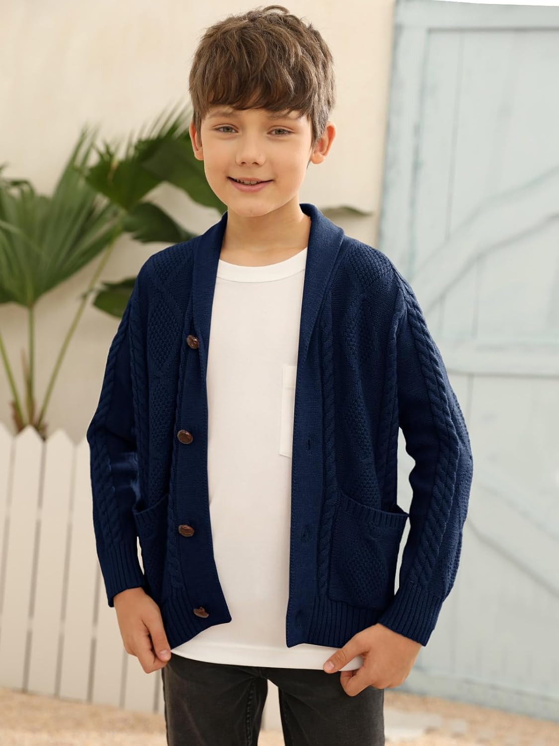 Inorin Boy's Sweater Cardigan Button Down Shawl Collar Cable Knitted Outwear Sweater Coats with Pockets Deep Navy Blue - Image 7
