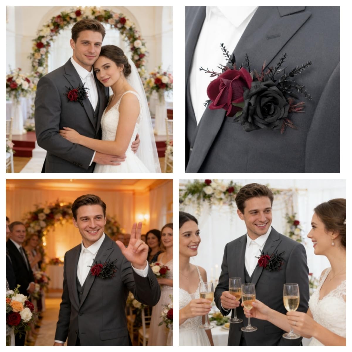 Gothic Boutonniere, ręcznie robiona bombka wampira, czarna, gotycka, róża, kwiat, przypinka, broszka ślubna dla panny młodej, pana młodego, czarna, 4 sztuki