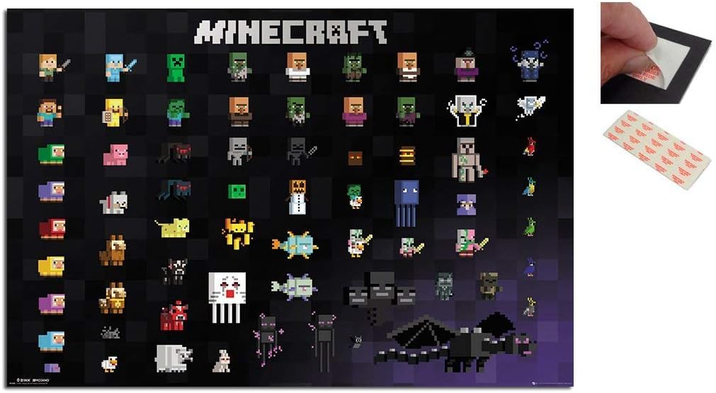 Bundle - 2 Items - Minecraft Pixel Sprites Poster - 91.5 x 61cms (36 x 24 Inches) and a Set of 4 Repositionable Adhesive Pads For Easy Wall Fixing