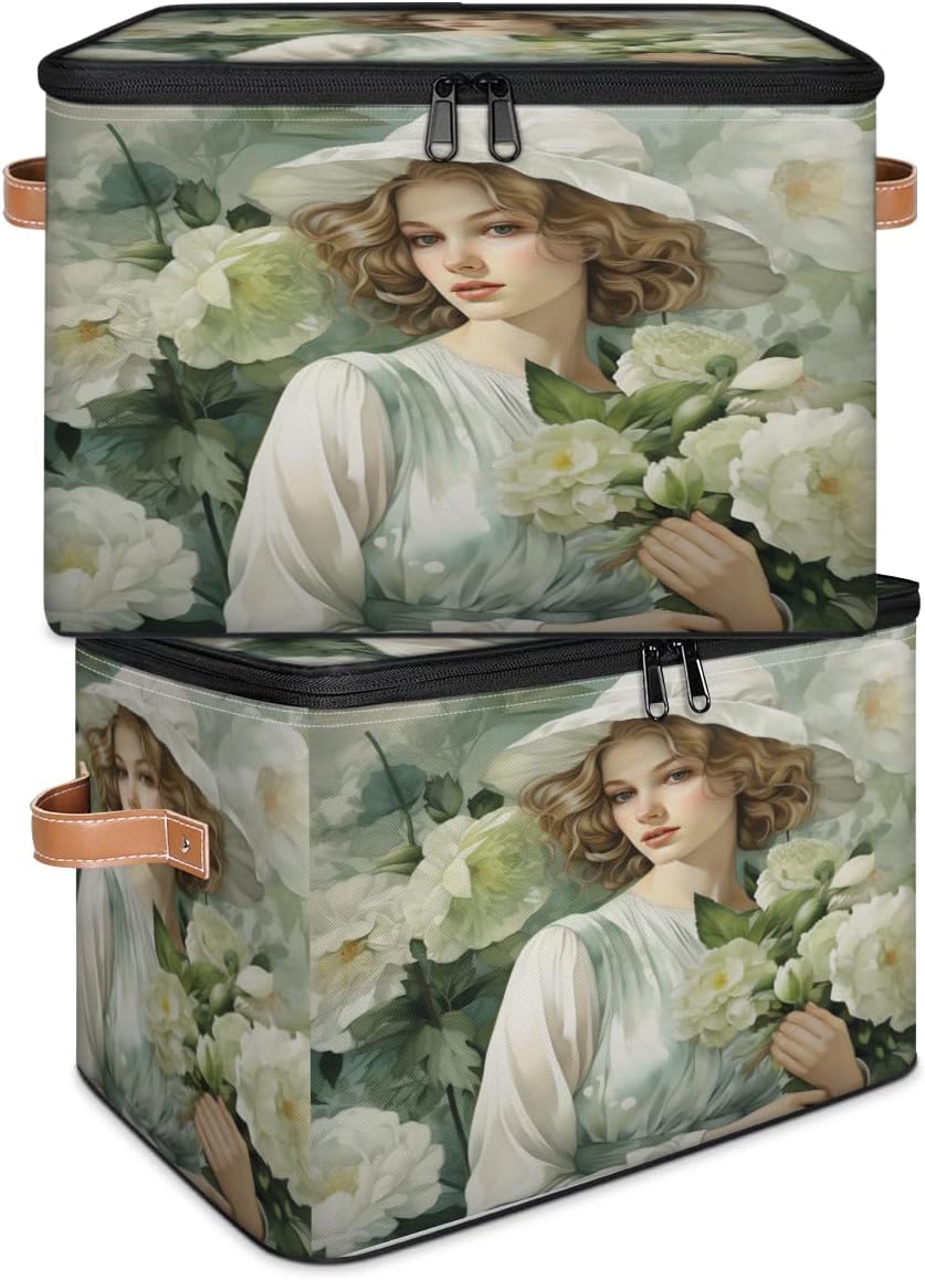 Storage Bin Set of 2 Flower Woman Storage Basket with Zipper Lid & Handle Foldable Closet Shelf 2 Pack Cloth Organizer Basket Cube Bins Clothes Organizer for Bedroom, Nursery