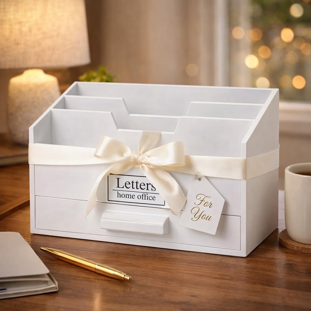 DRULINE Lettere Vassoio Lettera Postablage Supporto con Cassetto Porta Lettere Postbox Carta Scatola Vassoio di Carta Legno - Bianco