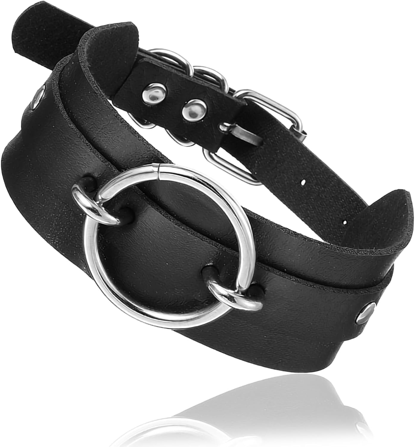 Women Wide Faux Leather Choker, Adjustable PU Gothic Choker Collar with Round Ring Charm, Black Punk Gothic Collar Necklace with O-Ring for Women Men