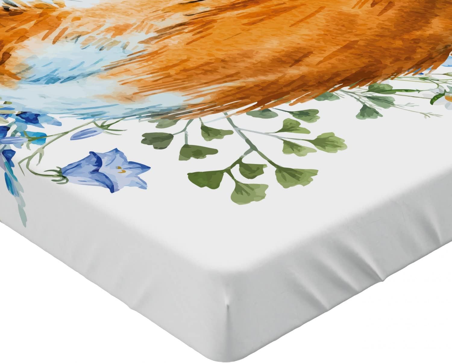 Ambesonne Fox Fitted Sheet, Sleeping Fox in Watercolors Hand Drawn Fresh Wild Flowers Blossoms Art, Soft Decorative Fabric Bedding All-Round Elastic Pocket, Twin Size, Olive