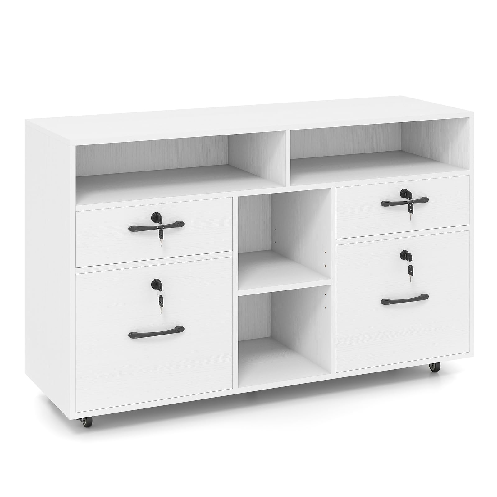 GIANTEX Caisson de Bureau Mobile, 4 Tiroirs Verrouillable avec 8 Clés, 4 Étagères Ouvertes, Étagère Centrale Réglable, Armoire à Classeurs sur Roulettes pour Documents A4 Format Lettre (Blanc)