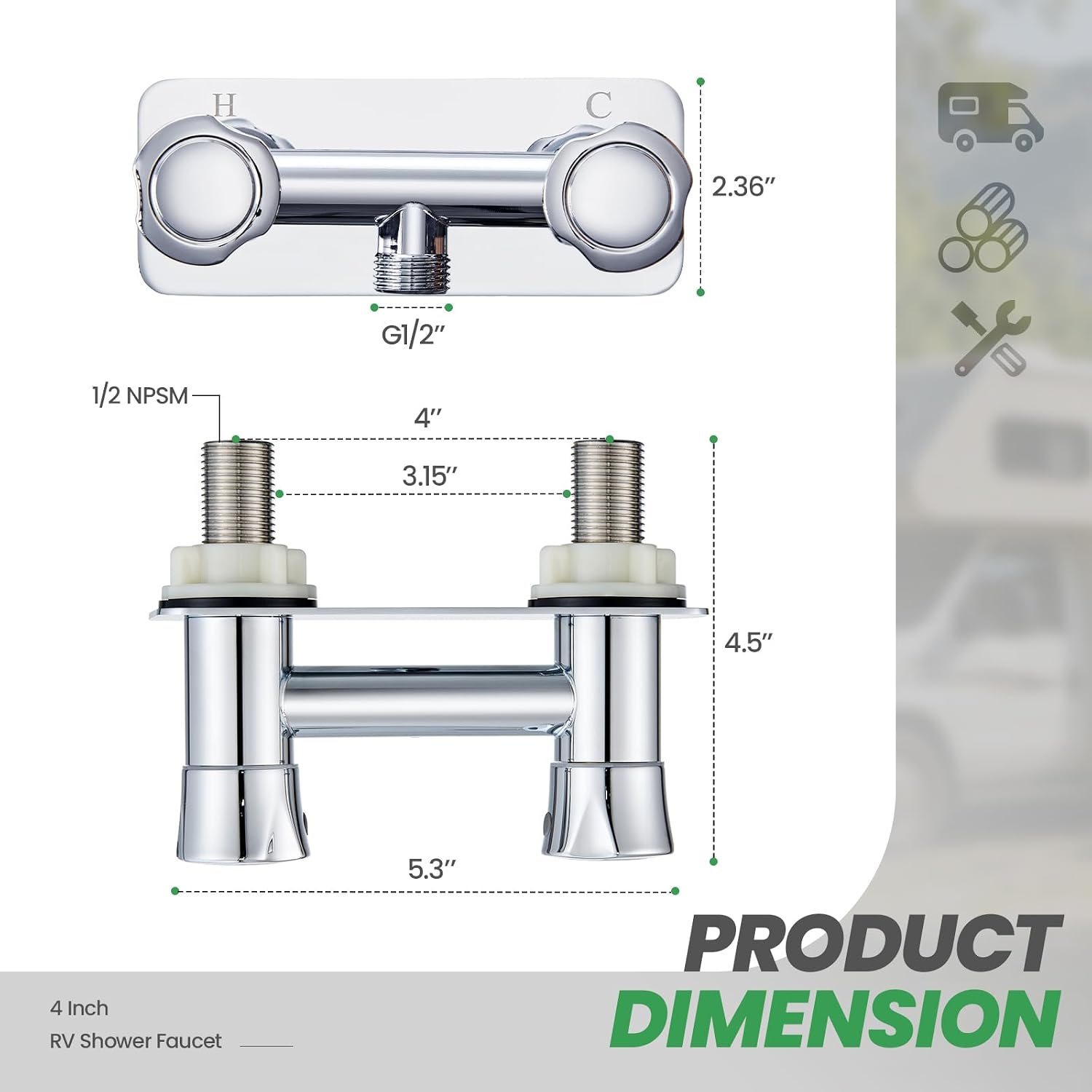 All Metal RV Shower Faucet, 4 Inch Stainless Steel Camper Shower Valve with Diverter, Replacement Faucet for RV Camper, Chrome Finish