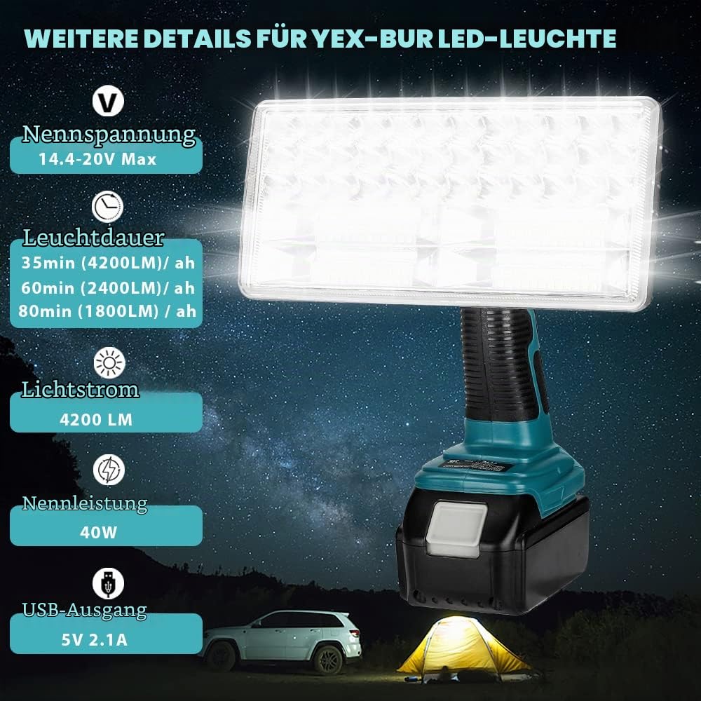 40W Akku-LED-Arbeitsleuchte, YEX-BUR 4200LM Tragbarer Baustellenscheinwerfer Flutlicht mit USB-Anschluss Stromversorgung über Makita 14,4 V 18 V Lithium-Ionen-Batterien BL1860 BL1850 BL1840 BL1830
