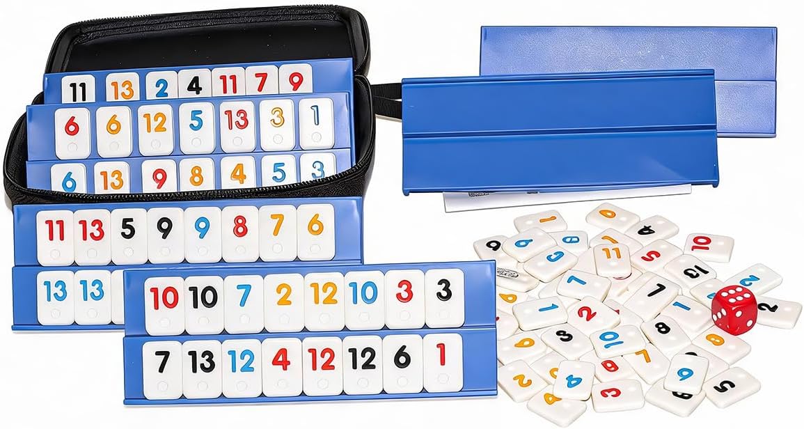 Rummy Cube Game Set for 6 Players,108 Non-Transparent Tiles, 4 Blue Tile Racks, Travel Storage Case & Drawstring Bag – Family Board Game Gift for Adults & Kids (6)