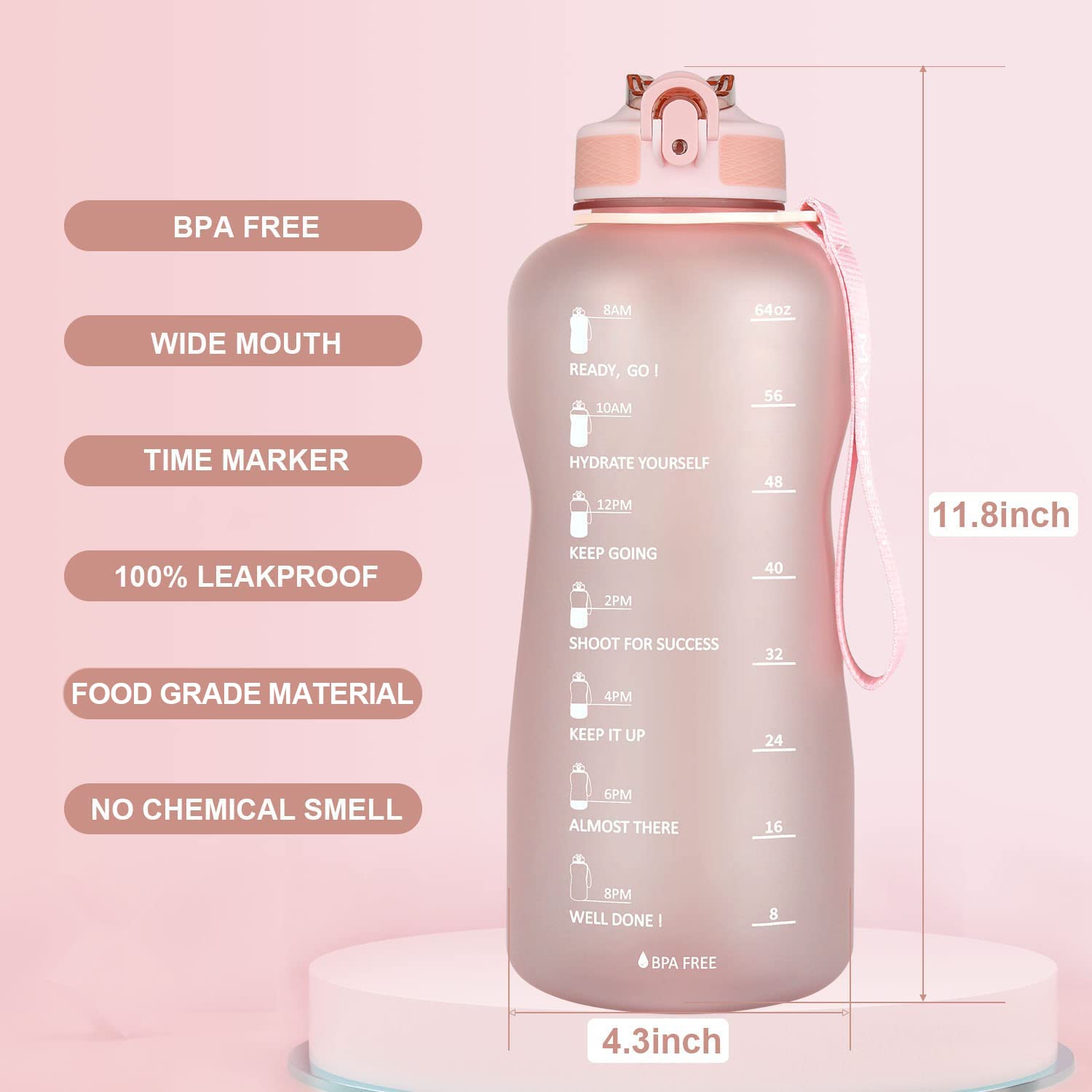 MYFOREST Borraccia d'acqua grande da 2200ml, Segnatempo per idratazione motivazionale, a prova di caduta, senza BPA, Beccuccio ribaltabile/Cannuccia