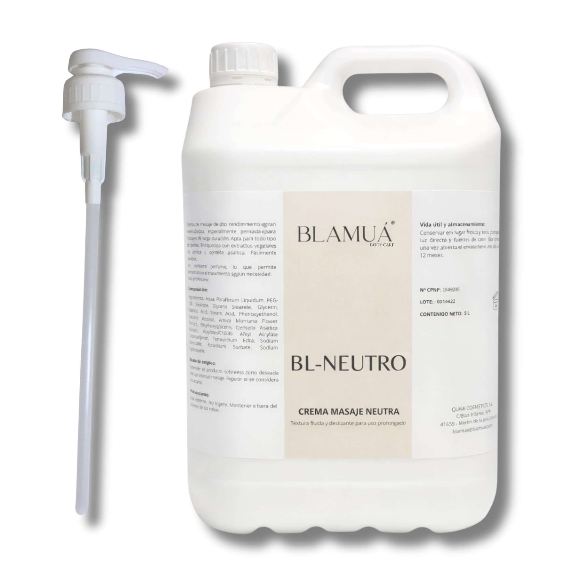BL-NEUTRO Crema de Masaje Profesional 5000 ml + Tapón Dosificador – Neutra sin Fragancia – Base Extensible para Fisioterapia, Spa, Masajes Terapeuticos y Piel Sensible, con Árnica y Centella