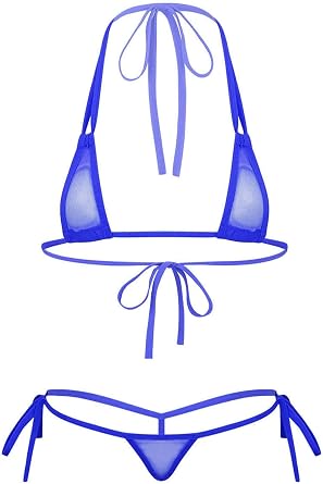 Womens Micro Bikinis Set See Through Mesh Halter Tops with Tie Side Thong Extreme Swimsuit