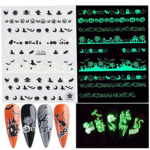 Halloween Nail Stickers 3D Luminous Halloween Nails Self Adhesive Nail Sticker Nail Art Supplies Decals Halloween Nail Art Designs Halloween Skull Ghost Pumpkin Spider Bat Nail Art Decoration 6Sheets #TOP6