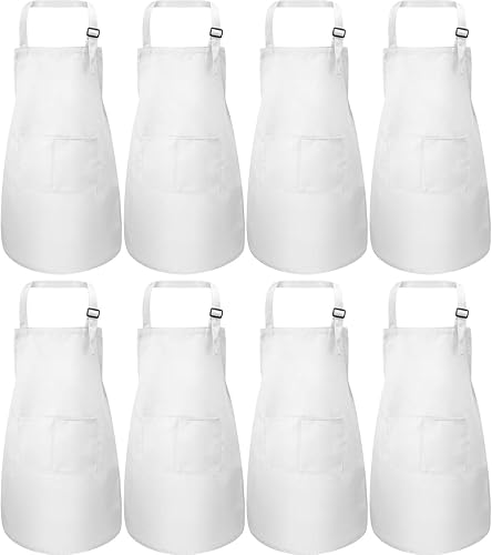 SATINIOR Delantal de chef ajustable para niños de 8 piezas con bolsillo para cocinar hornear (blanco, M para 7-13 años)
