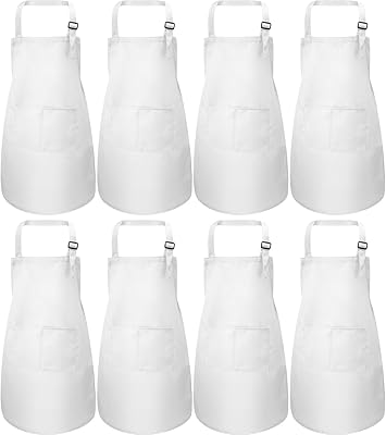 8 Pieces Kid Apron Adjustable Children Chef Apron with Pocket for Cooking Baking (White, M for 7-13 Age)