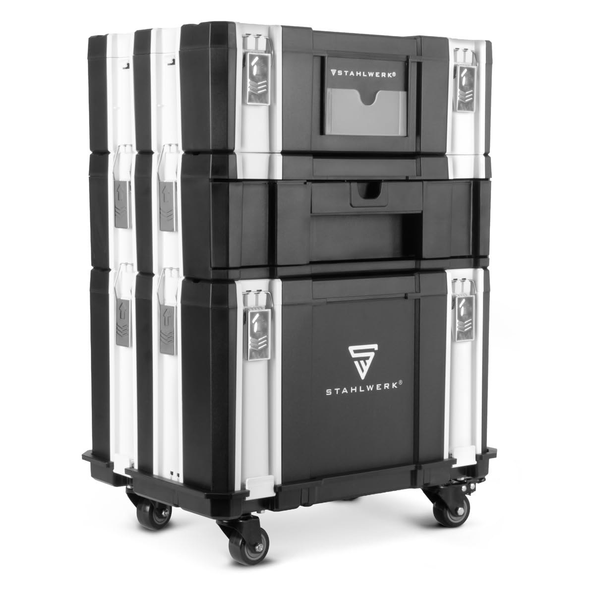 STAHLWERK Set di scatole degli attrezzi con rotelle – organizzatore portatile con tre scatole e cassetto, ampio spazio di archiviazione, chiusure a scatto stabili, sistema di archiviazione flessibile
