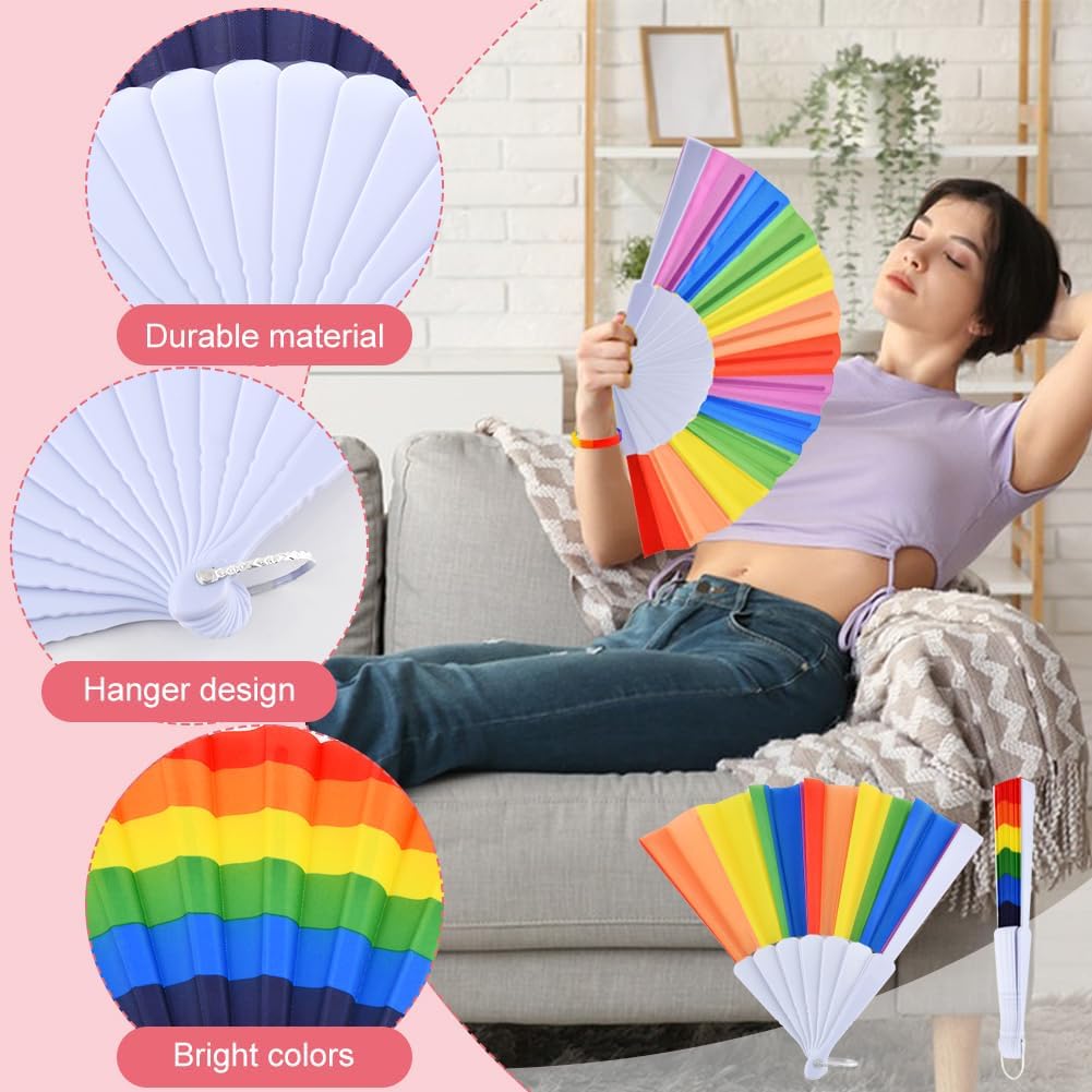 12 Pcs Rainbow Folding Fans Colorful Hand Held Fan, Rainbow Party Decoration, LGBT Pride Accessories, LGBT Pride Month Fans Hand Folding Fans for Women/Men