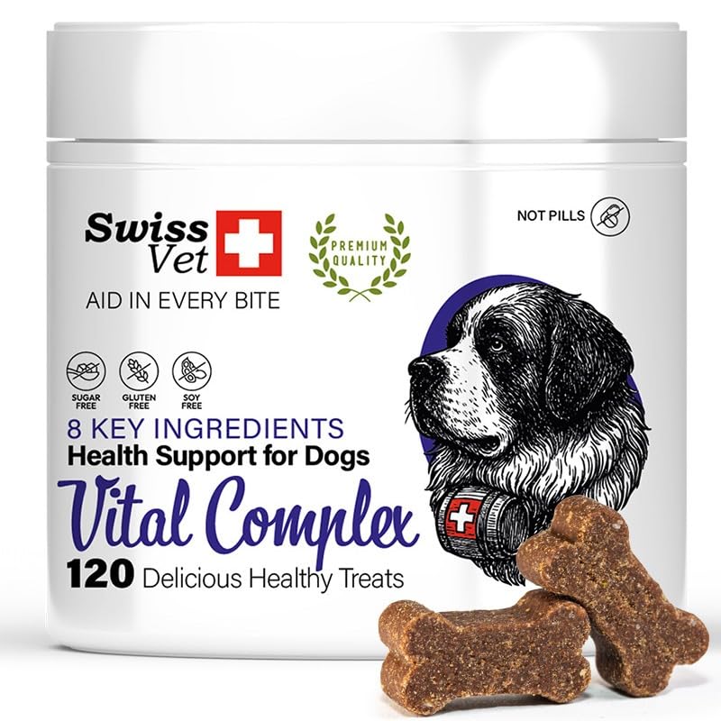 SwissVet – Multivitaminico Completo per Cani in Bocconcini Morbidi – con Probiotici, Olio di Salmone, Glucosamina, Collagene, MSM, Condroitina e Vitamine Energia, Immunità e Digestione - 120 pezzi