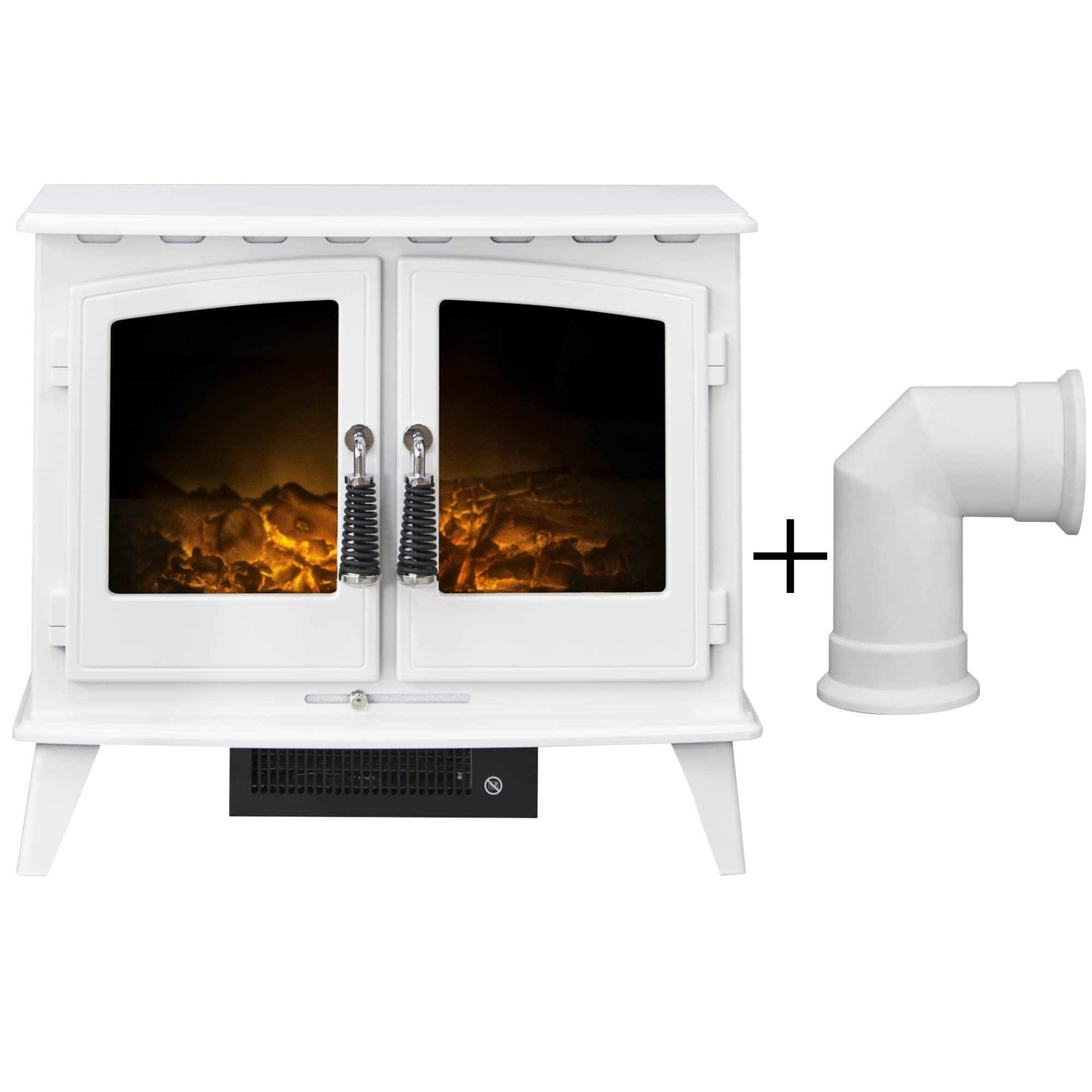 Adam White Woodhouse Electric Stove In Pure With Angled Stove Pipe In Pure