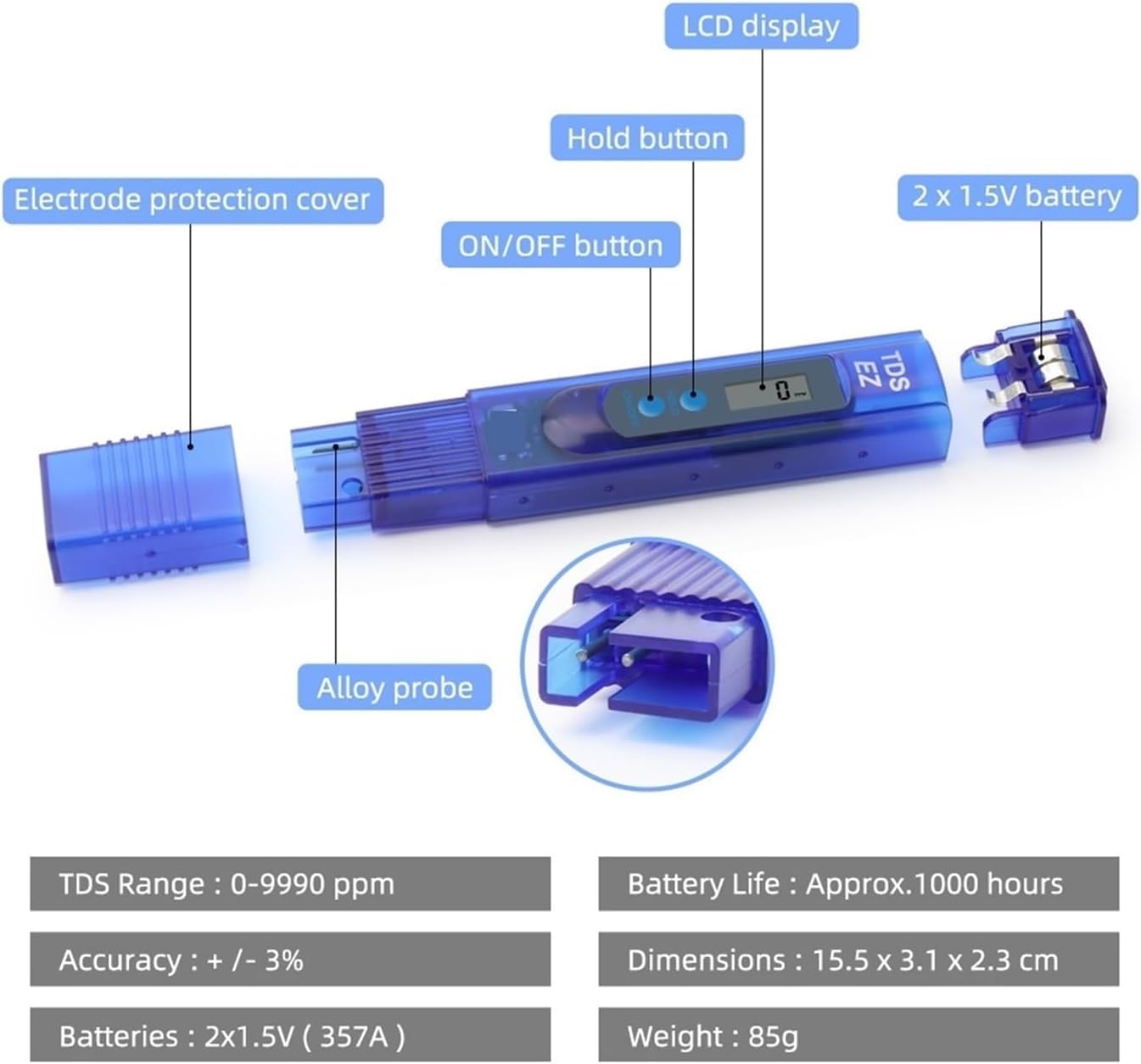 Tester wody TDS, cyfrowy miernik całkowitej ilości rozpuszczonych ciał stałych, 0-9990 ppm testowanie jakości wody do picia, akwarium, monitorowania basenu i filtra