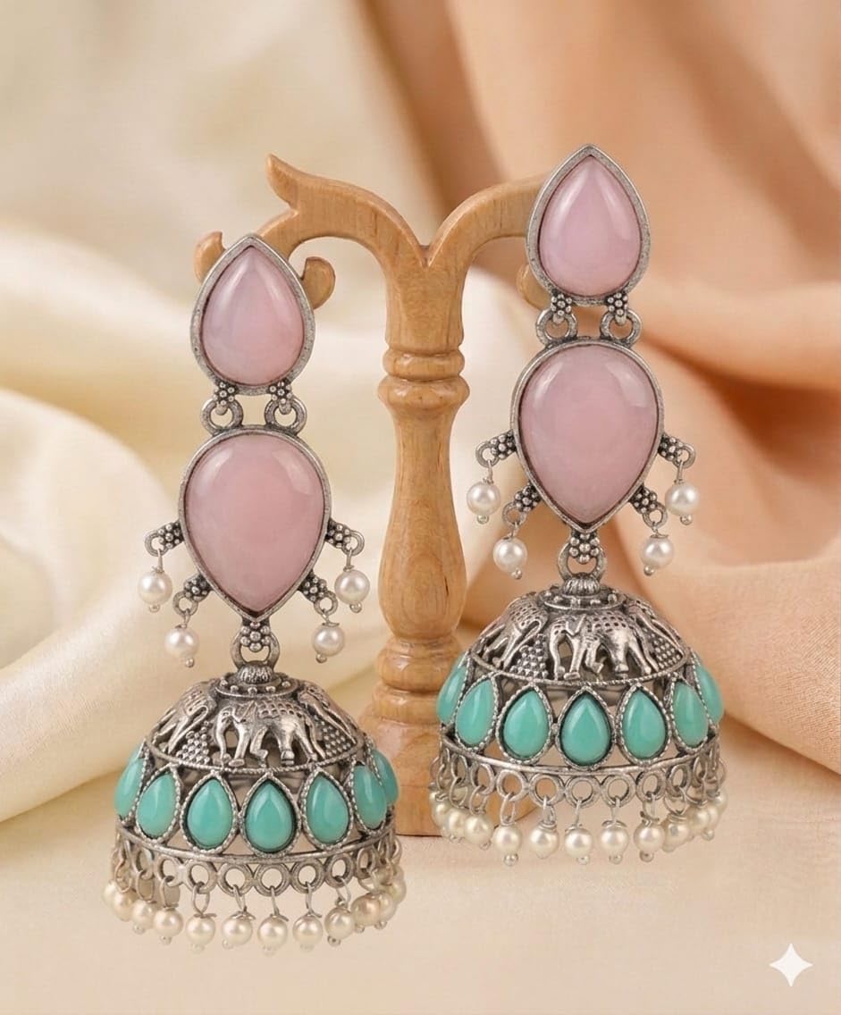 HRB PRODUCTS Oxidised Silver Elephant Design Jhumka Earrings for Women | Pink Stone & Mint Green Beads Temple Jhumki with Pearl Drops | Jewellery for Girls