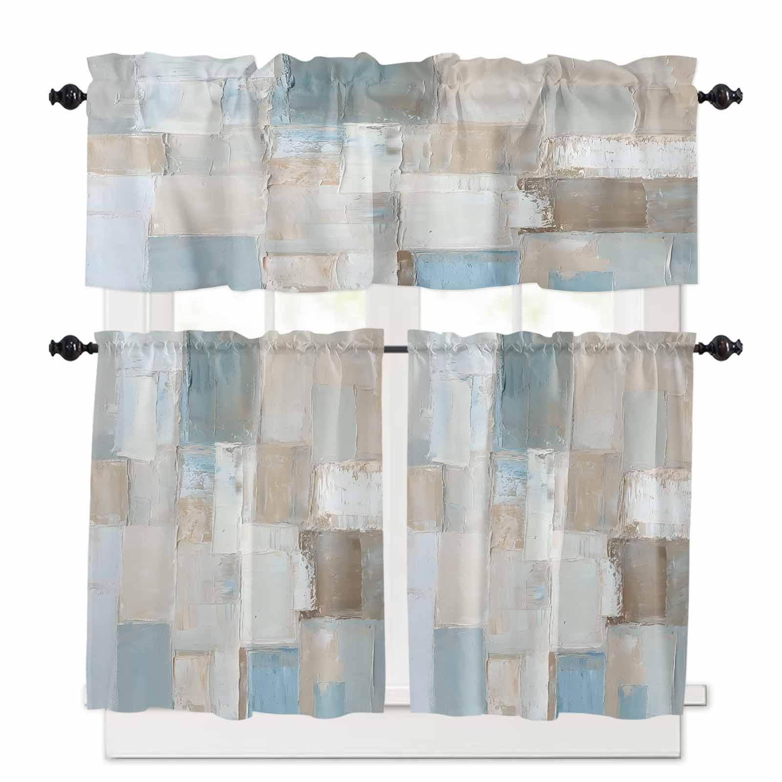Blue Brown Color Blocks Kitchen Curtains 24 Inch Length,3 Piece Rod Pocket Small Half Tiers and Valance Set,Modern Abstract Oil Painting Art Small Large Window Treatment Decor for Bedroom/Bathroom
