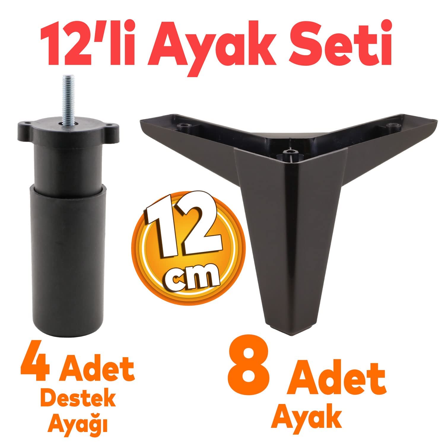 Badem10 Sedir 12'li Set Mobilya TV Ünitesi Çekyat Koltuk Kanepe Destek Ayağı 12 cm Siyah Baza Ayak