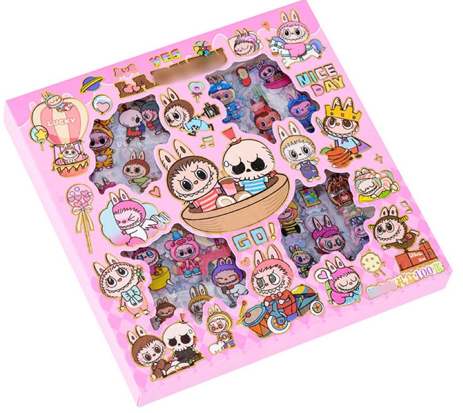 FunClub Cute Cartoon Theme Kawaii Stickers-100 Sheets Cute Washi Stickers for Project Japanese Sticker Set Scrapbooking, DIY Arts & Crafts -18 x 18 x 2 CM 100+Self Adhesive Stickers Set (Labubu)