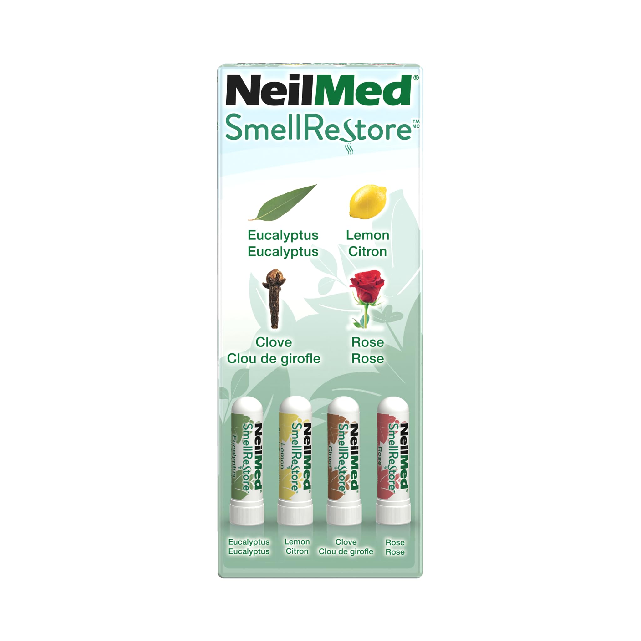 NeilMed Smell Restore - All Natural Smell Training Kit with 4 Separate Essential Oil Inhalers. Eucalyptus, Rose, Lemon and Clove