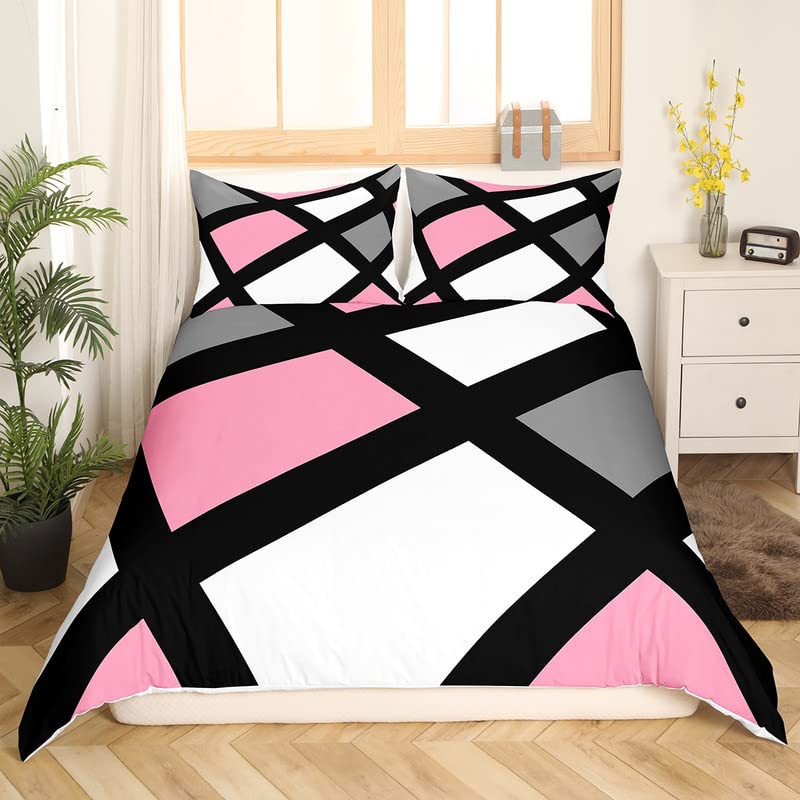 Modern Abstract Bedding Duvet Cover Set Queen Stripe Simple Geometric Bedding Set for Kids Boys Girls Pink Gray Black White Decor Comforter Cover Set Microfiber Bedspread Cover Bedroom Bedclothes