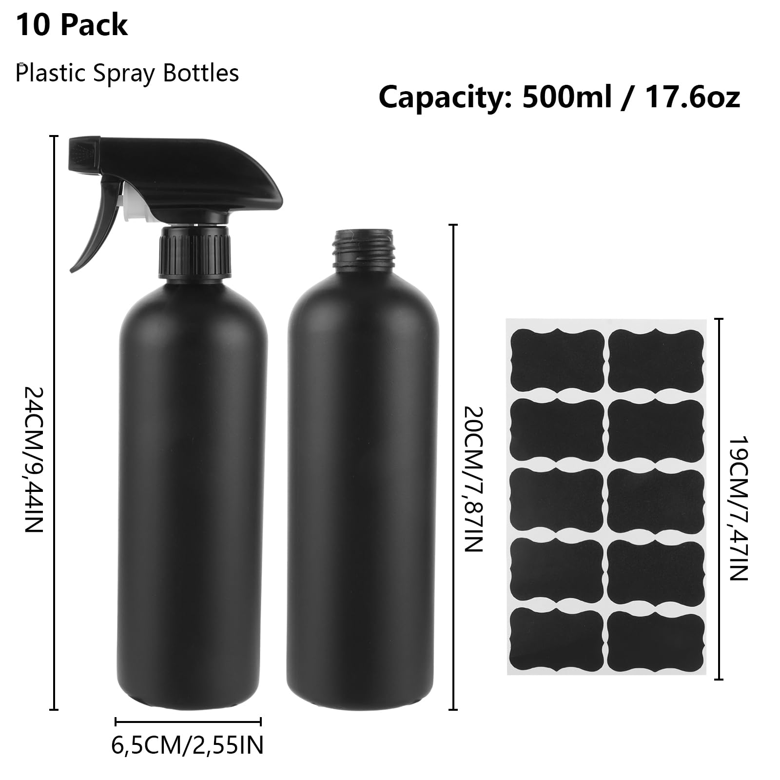 Set 10 flaconi spray neri 500 ml plastica per piante barbiere spruzzatore vuoto con etichetta impermeabile