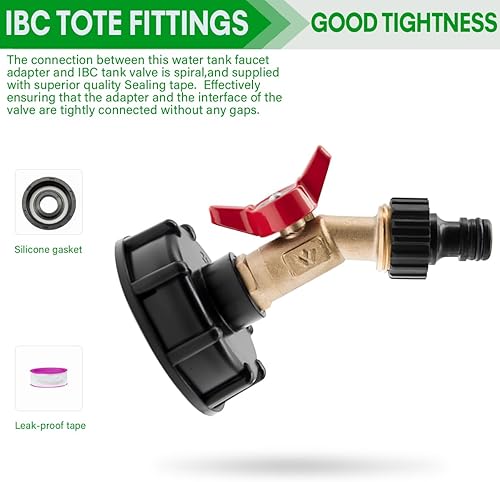 Miniatura 3 de IBC Tote Fittings - Adaptador de bolsa IBC de 275-330 galones, adaptador de tanque IBC de rosca fina de 2.44 pulgadas y válvula de grifo de manguera