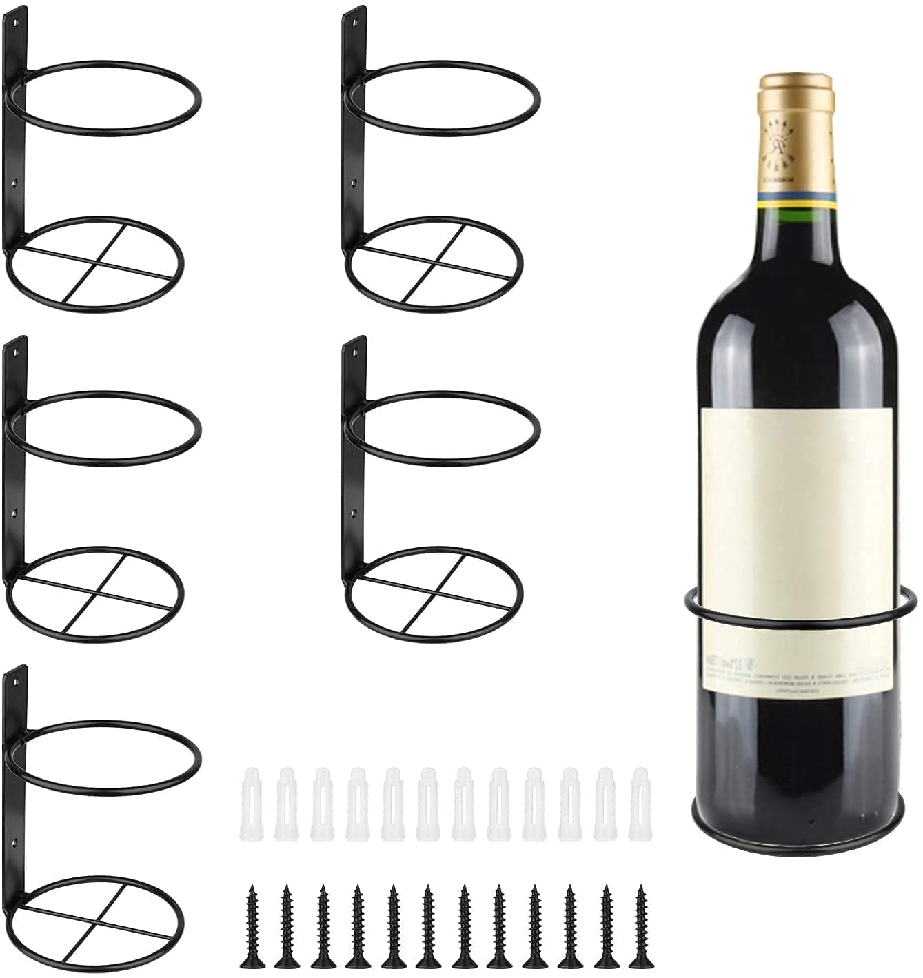 Wall Holder, 5 Pack Wall Mounted Wine Rack, Metal Wine Bottle Display Holder for Theme Decor, Black (Upward Style) (Pack of 5)-image-0