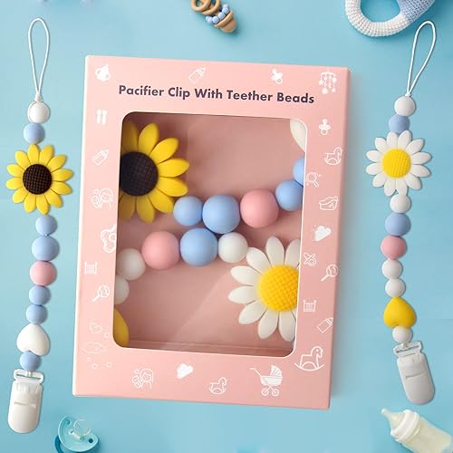 Miniatura 7 de Clip de silicona para chupete, paquete de 2 soportes para chupón para niños y niñas, adorables clips de girasol para chupete se adapta a la mayoría