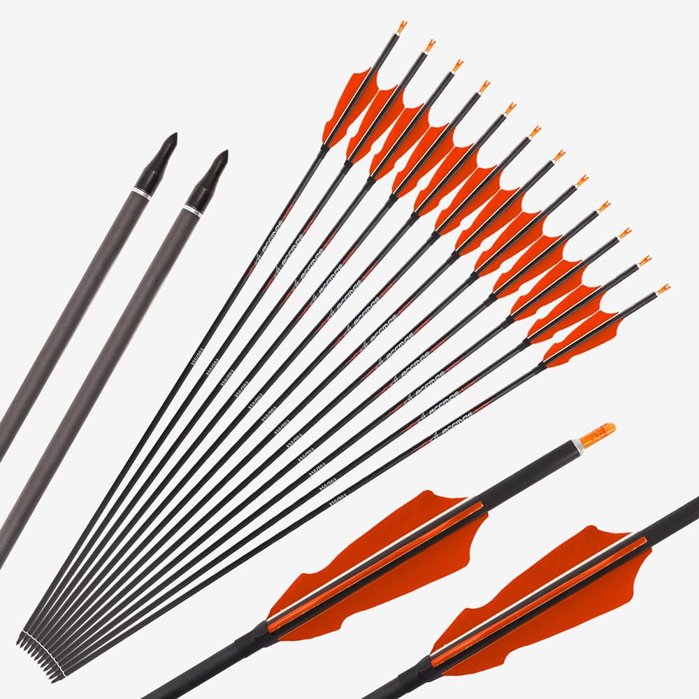 PHILOCS 12pc Orange Barbed Fletching Hunting Arrows ID 6.2mm Spine 200 250 300 350 400 500 600 700 800 Pure-carbon Arrow, for Youth & Adult Archery (32inch,Spine 500)